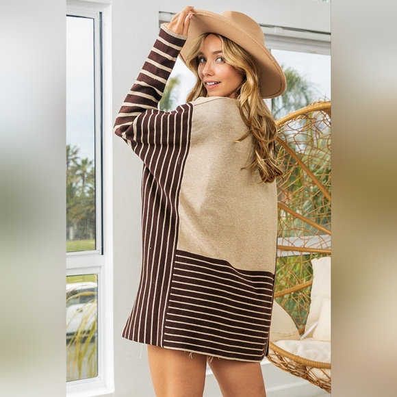 BiBi Striped Contrast Long Sleeve Slit Top - Picture 2 of 9